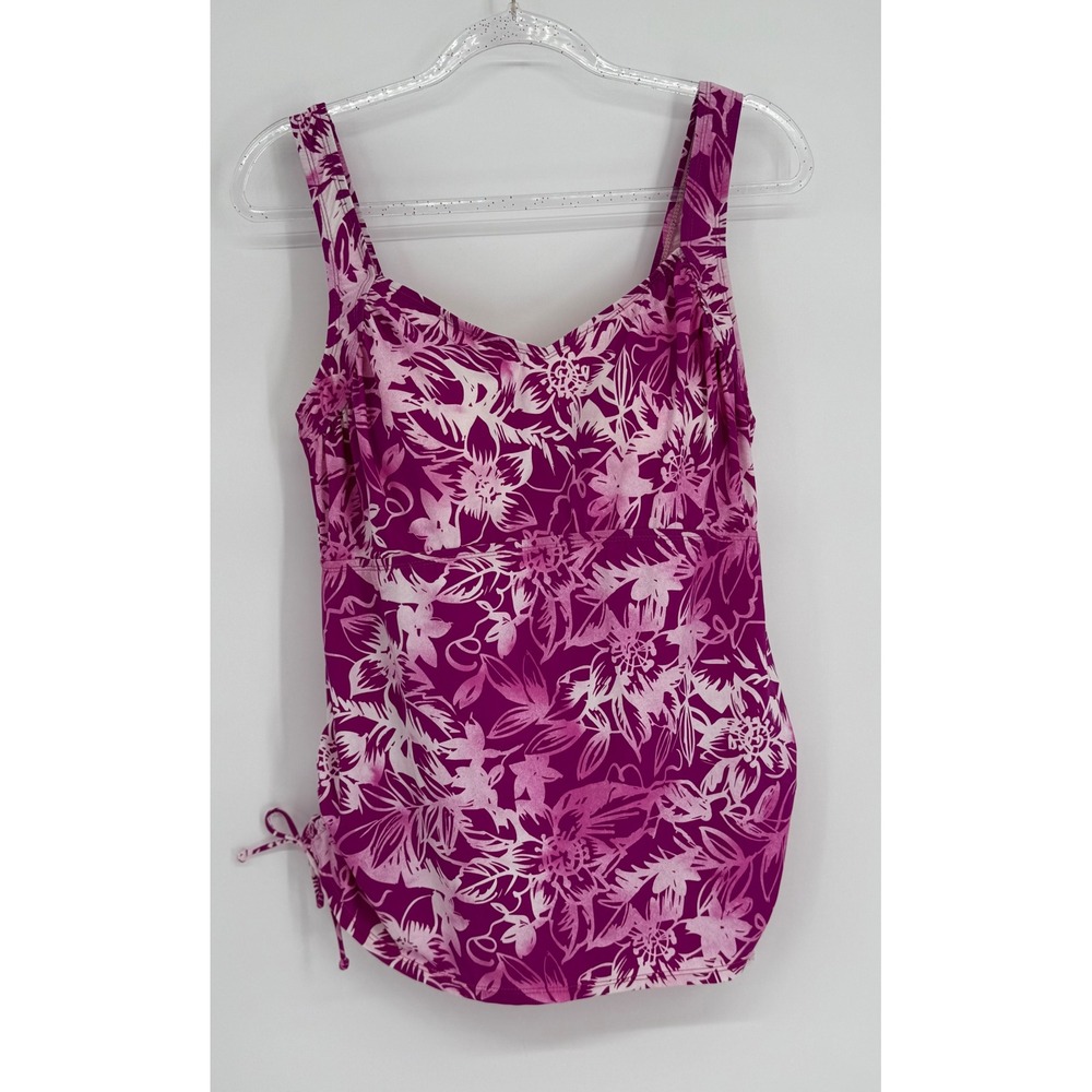Swimsuits For All Purple Floral Tankini Top Adjustable Side Ties Sleeveless Sz S